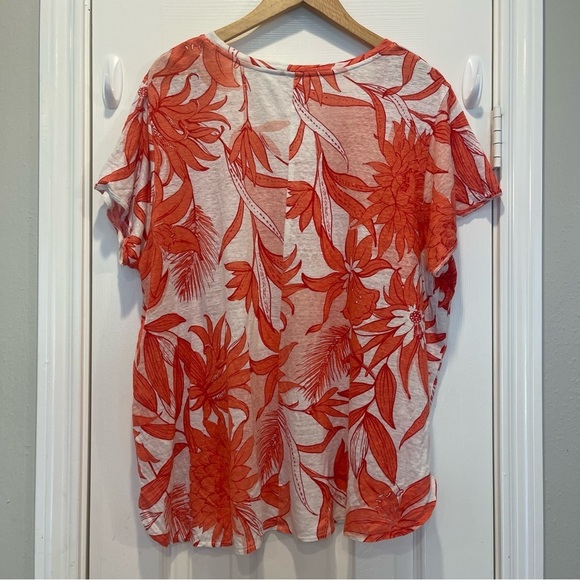 H By Halston Tee Shirt Women’s 2XL Coral Floral 100% Linen Blouse Top Colorful - Picture 3 of 8